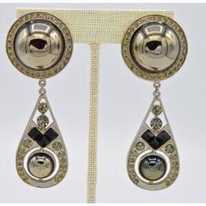 Tara Vintage Clip On Earrings Gunmetal Crystal Black Dangle Chunky Signed BinX